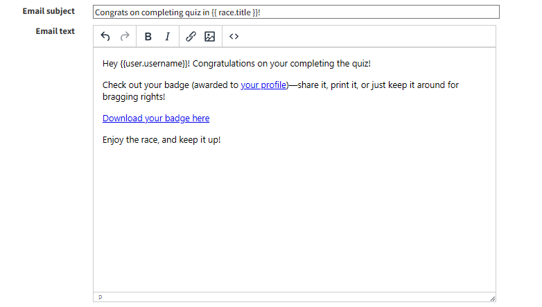 Quiz email configuration showing subject and body