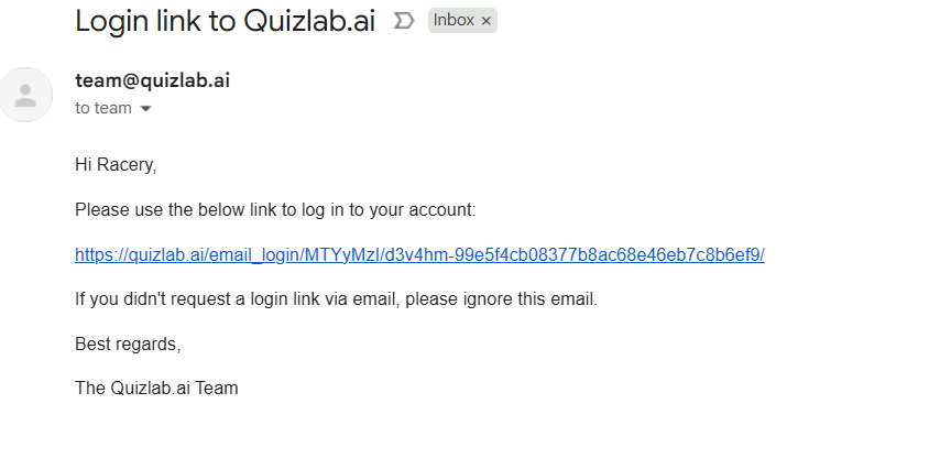 Login link email from Quizlab.ai with one-time URL